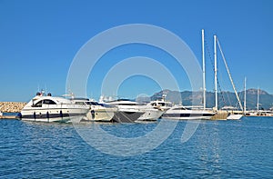 Sunny morning in the marina of Salerno with large powerboats