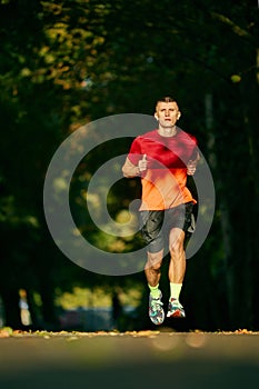 Sunny morning outdoor training. Muscular, athletic man in sportswear, runner in motion, running in city park