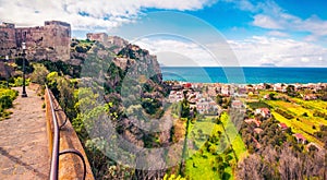Sunny morning panorama of the Tono village and fortification citadel Millazo. Colorful spring view of Sicily, Italy, Europe. Brigh photo