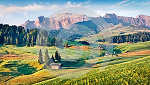 Sunny morning scene of Compaccio village, Seiser Alm or Alpe di Siusi location, Bolzano province, South Tyrol, Italy, Europe. Pict