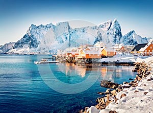 Sunny morning scene of popular tourist destination - Lofoten Islands archipelago.