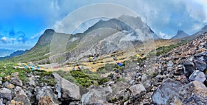 Sunny morning on sibayak mount with blue sky