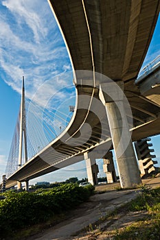 Sunny morning under the cable bridge on Sava river, Belgrade