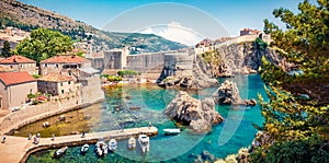 Sunny morning view of famous Fort Bokar in city of Dubrovnik. Colorful summer panorama of Croatia, Europe. Beautiful world of