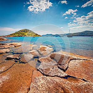 Sunny morning view of the Nuevo Loca Beach. Spectacular morning seascape of the Aegean sea