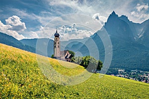 Sunny morning view of San Valentino Church in Castelrotto/Kastelruth village.