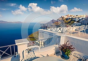 Sunny morning view of Santorini island. Picturesque spring scene of the famous Greek resort Thira, Greece, Europe. Traveling