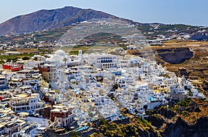 Sunny morning view of Santorini island. Picturesque spring sunrise on the famous Greek resort Oia, Greece, Europe