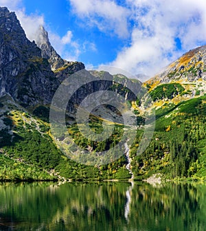 Sunny mountain landscape with lake