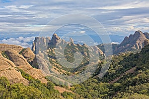 Sunny mountain peaks in Montserrat, view from Sant Jeroni