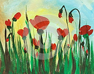 Sunny orange summer sky with poppy background oil painting