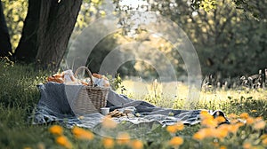 Sunny park picnic basket blanket flowers