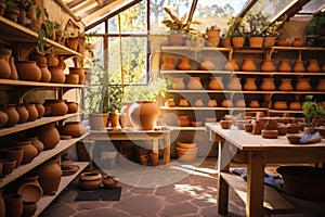 Sunny pottery studio with clay pots and potter's wheel