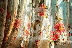 Sunny radiance illuminates the charming floral design on the curtain