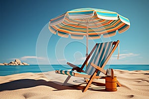 Sunny relaxation Beach chair, umbrella on sand, blue sky backdrop