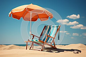 Sunny retreat Beach chair and umbrella against blue sky backdrop