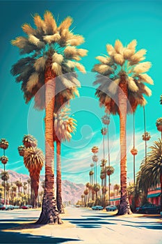 Sunny road with palm trees and cars over mountains landscape, created using generative ai technology