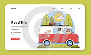 Sunny Road Trip Adventure. Flat vector illustration.