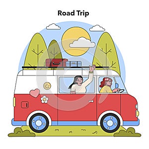 Sunny Road Trip Adventure. Flat vector illustration.