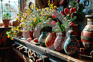 In the sunny room, many colourful vases with cut flowers stand on a table.