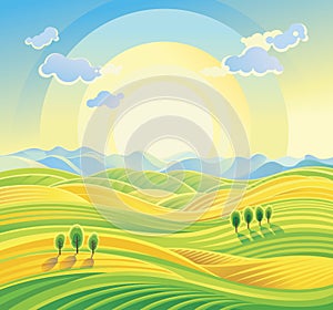 Sunny rural landscape with rolling hills and fields.