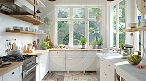 Sunny Rustic Kitchen with Garden View and Open Shelving