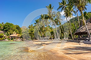 Sunny sandy tropical Sairee beach on exotic Koh Tao island in Thailand
