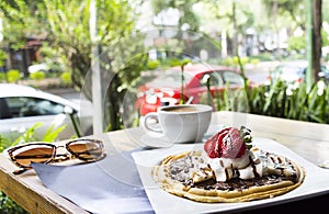 Waffles with Ice Cream and Coffee photo