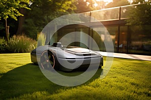 Sunny scene featuring a robotic lawn mower in action.