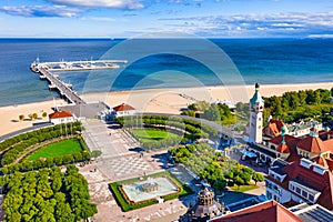 The sunny scenery of Sopot city and Molo - pier on the Baltic Sea. Poland