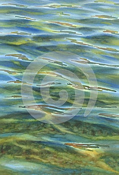 Sunny sea with transparent waves watercolor background