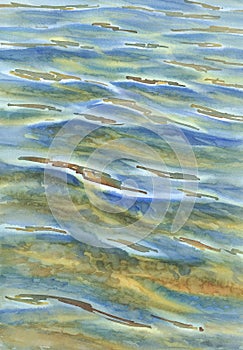 Sunny sea with transparent waves watercolor background