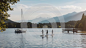 Sunny Serenity at Lake Constance: Sailboats, Paddleboarders, and a Wooden Bridge. photo