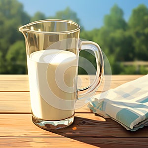 Sunny setting Milk in a glass jug on a wooden table