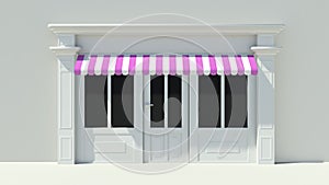 Sunny Shopfront with large windows White store facade with purple pink and white awnings