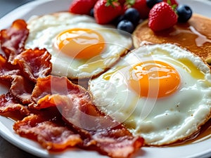 Sunny Side Up Eggs with Crispy Bacon and Berries