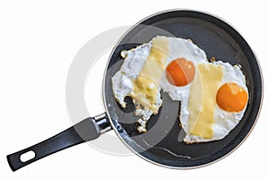 Sunny Side Up Eggs Fried In Teflon Pan Isolated On White Background