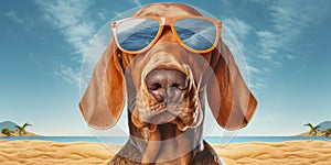 Sunny Side Woof Basset Hound Dog in Sunglasses Adding Playful Charm to the Beach Scene. Generative AI