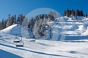 Sunny Ski Slope and Ski Lift near Megeve in French Alps