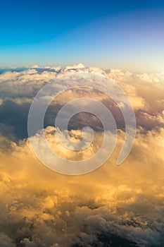 Sunny sky abstract background, beautiful cloudscape, on the heaven, view over white fluffy clouds, freedom concept. Aerial view of