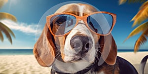 Sunny Smiles Cute Beagle Dog Strikes a Funny Pose in Sunglasses on the Beach. Generative AI