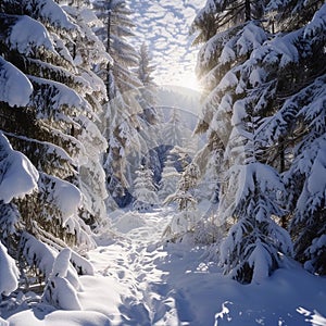 Sunny snowy coniferous forest