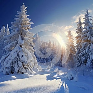 Sunny snowy coniferous forest