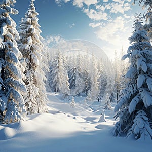 Sunny snowy coniferous forest