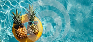 Sunny Sojourn in the recreation poolside area in a hotel. Playful Pineapples in Sunglasses Enjoy a Leisurely Float on an yellow