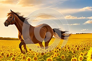 Sunny Splendor: Horses Galloping Through a Sunflower Field.
