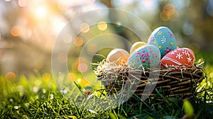 Sunny Spring Basket: Colorful Easter Eggs on Fresh Grass