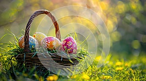 Sunny Spring Basket: Colorful Easter Eggs on Fresh Grass