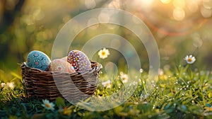 Sunny Spring Basket: Colorful Easter Eggs on Fresh Grass