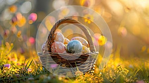 Sunny Spring Basket: Colorful Easter Eggs on Fresh Grass